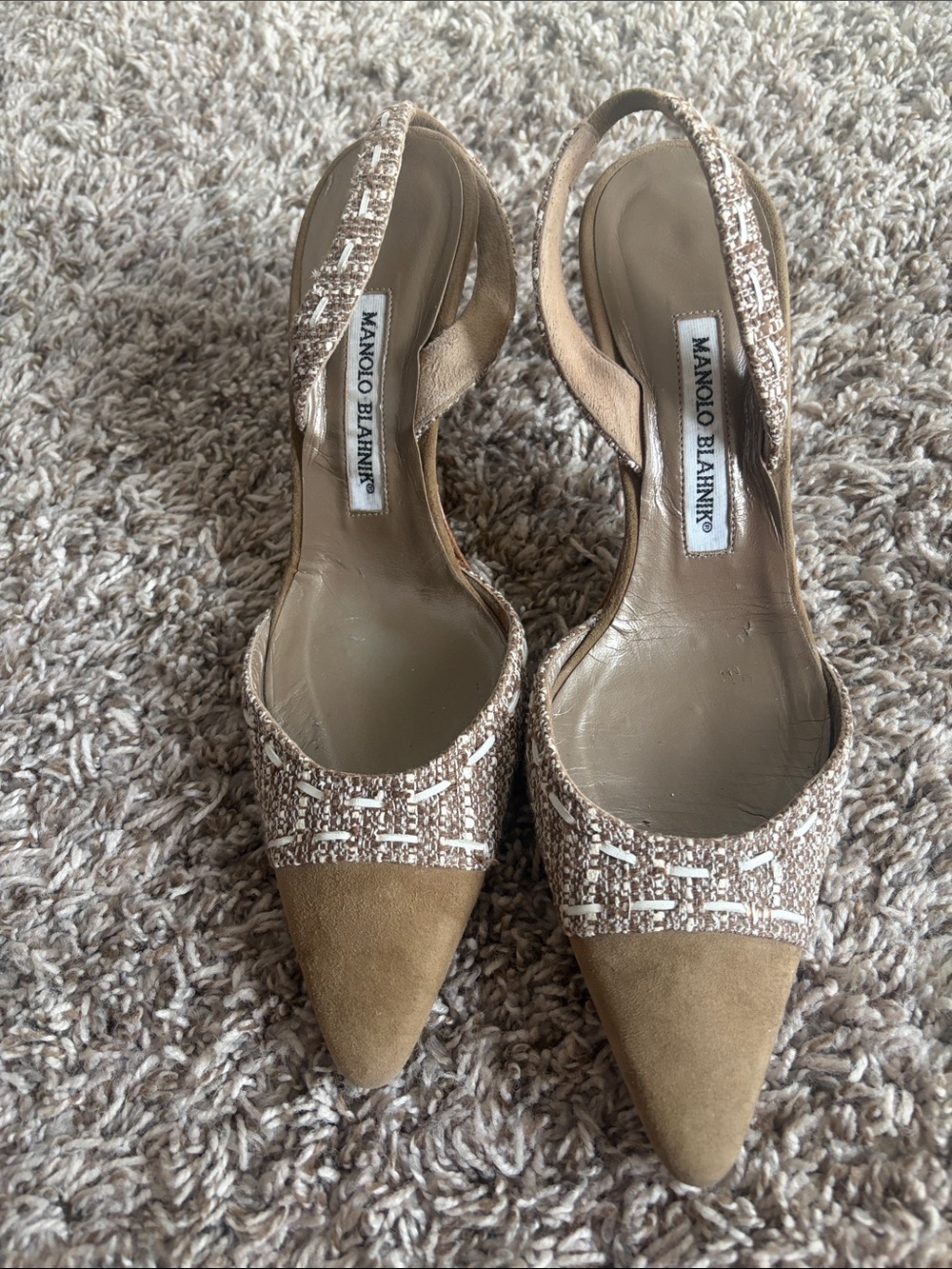 Manolo Blahnik Beige Tweed and Suede Slingback Pumps